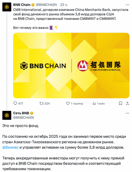 China Merchants Bank токенизировал фонд на $3,8 млрд на BNB Chain