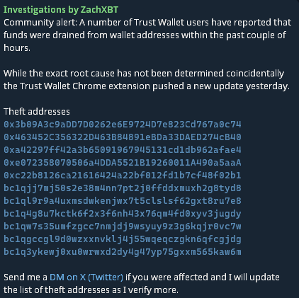 
			ZachXBT предупредил об утечке средств у пользователей Trust Wallet		