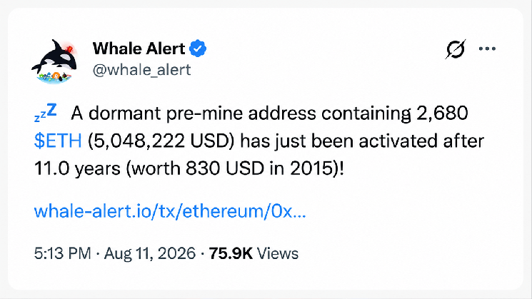 
			Старейшие &laquo;киты&raquo; Ethereum пробуждаются, пока миллионы токенов выходят из &laquo;глубокого хранилища&raquo;		